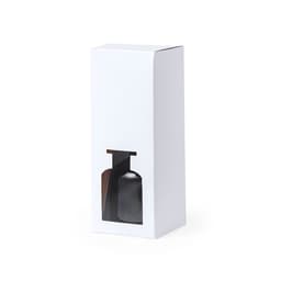 An aromatic diffuser in a black bottle, displayed in a white box with a transparent window.
