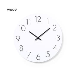 A wooden wall clock with a white face and bold black numbers, featuring black clock hands.