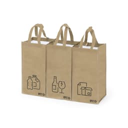 Three brown reusable bags with handles, featuring icons for recycling containers, bottles, and boxes.