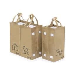 Two tan RPET bags with handles, featuring different graphic outlines for recycling instructions.
