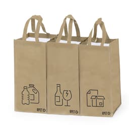 Three eco-friendly tan shopping bags with black icons, featuring handles and a logo.