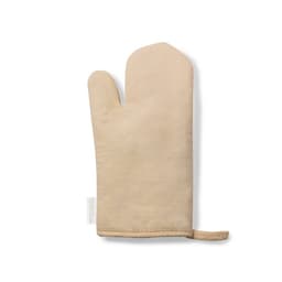 A beige oven mitt with a textured surface and a hanging loop on the side. It features a logo tag at the bottom.