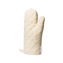 A quilted, cream-coloured oven mitt with a loop for hanging. It features a stitched diamond pattern and a branding label.