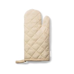 A quilted cream oven glove featuring a loop for hanging, with a textured design and a logo.
