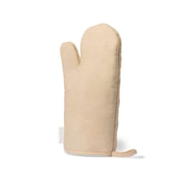 A beige oven mitt with a quilted design and a hanging loop. It has a branding label on the side.