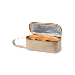 A tan thermal sandwich holder with a silver insulated interior, featuring a handle, and an open top displaying a sandwich.