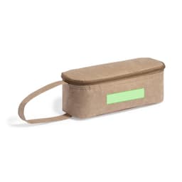A tan thermal sandwich holder with a zipper and a handle, designed for keeping food warm.