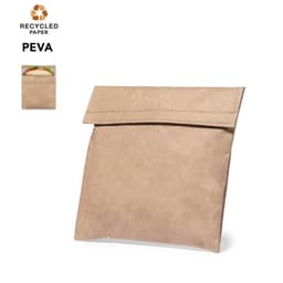 A tan lunch bag made from recycled paper, featuring a sealable top and a logo on the side.