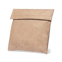 A tan lunch bag with a fold-over top, featuring a simple design and no visible branding.