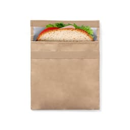 A beige thermal snack holder with a sandwich and lettuce visible inside. It features a logo on the exterior.