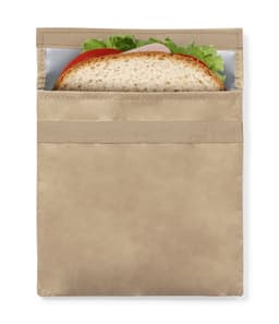 A beige thermal snack holder with a sandwich and fillings of lettuce and tomato visible inside.
