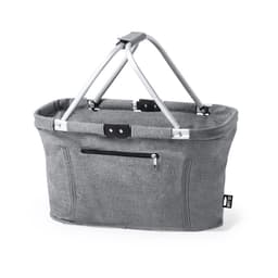 A grey fabric basket with a sturdy frame and dual handles, featuring a zippered pocket on one side.