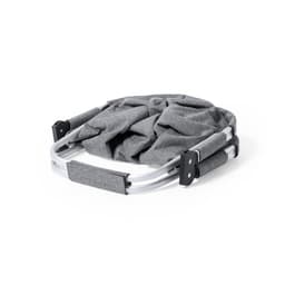 A grey fabric bag with a foldable frame, showcasing its compact design and handles. It has a logo on the frame.
