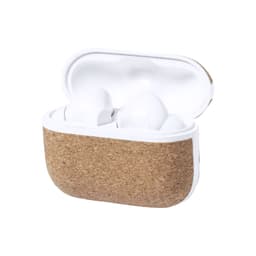 A case featuring white earphones with a natural cork exterior, presented in an open position.