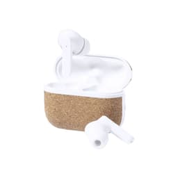 Crawly Earphones in white with a cork case. One earphone is outside the case, showcasing a sleek design.