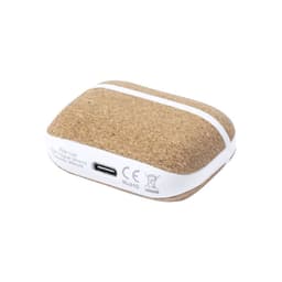 A pair of brown Crawly Earphones with a textured cork finish and a USB-C charging port at the bottom.