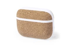 A cork-textured case for Crawly Earphones, featuring a white trim and a logo on the surface.