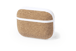 A cork-textured earphone case with a white band, featuring a logo on the front.