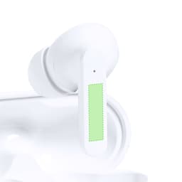 A pair of white earbuds with a green accent, featuring smooth curves and a sleek design, alongside a charging case.