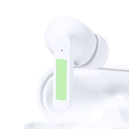 White earphones with a green accent, featuring a branding logo, designed for use with phones and technology.