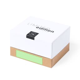 A square packaging box with a white lid and brown base, featuring a green label and logo.
