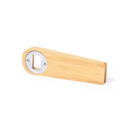 A drink bottle opener made from bamboo with a silver metal opening mechanism and a logo feature.