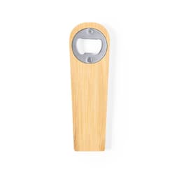 A drink bottle opener made of bamboo with a metal bottle cap opener at the top. It features a simple design and has a logo.