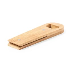 A drink bottle opener made of light brown bamboo, featuring a sleek design with a hole for attaching to keyrings.