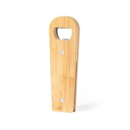 A drink bottle opener made of bamboo, featuring a simple design with a round opening and two silver dots.
