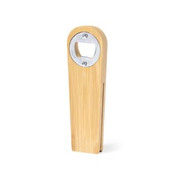 A drink bottle opener made of bamboo with a silver metal opening area. Features a simple, rectangular design.