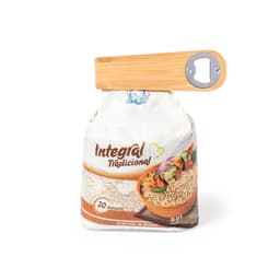 A drink bottle opener with a wooden handle and metal lever, attached to a bag of rice.