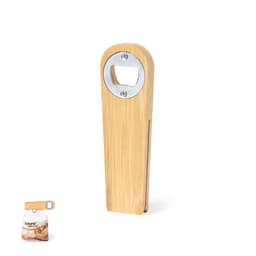 A drink bottle opener in a sleek bamboo design with a silver opening mechanism. Features a logo on the handle.