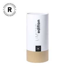 A cylindrical packaging in white and brown, featuring a simple design and a logo.