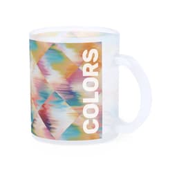A frosted glass mug with a vibrant, multicoloured geometric design and a handle. It features a logo on the side.