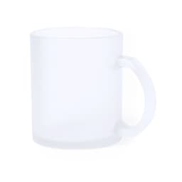 A frosted glass mug with a clear handle, suitable for various beverages. It features a simple, minimalist design.