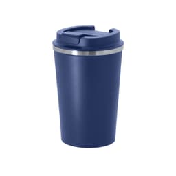 A navy insulated cup with a silver band and a lid, featuring a logo on the side. Ideal for travel.