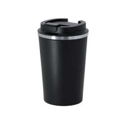 A travel mug with a black finish and a silver band. It features a secure lid and a sleek design.