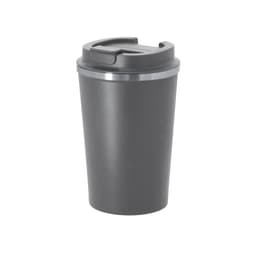 A drink bottle in matte grey with a silver band and a secure lid. It features a logo.