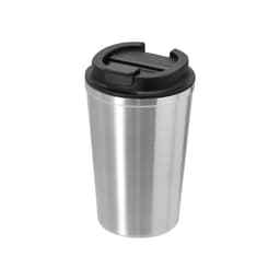 A drink bottle with a stainless steel body and a black plastic lid. It features an integrated drinking spout and has a logo.
