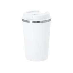 A drink bottle styled insulated cup in white with a silver band and a white lid, featuring a logo.