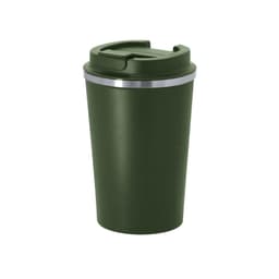 A drink bottle in dark green with a silver band and a secure lid, designed for insulated travel.