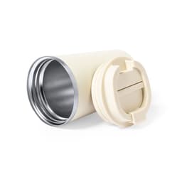 A drink bottle in cream colour with a stainless steel interior and a secure lid featuring a sliding opening.