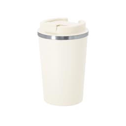 A cream insulated travel mug with a silver band and a secure lid. Features a logo.