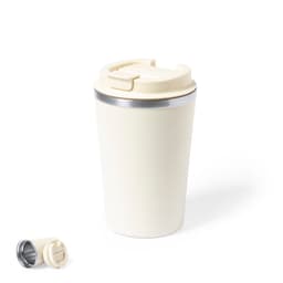 A travel mug with a cream exterior and silver trim, featuring a lid and a logo.