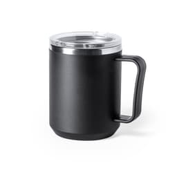 A drink bottle in matte black with a transparent lid and a sturdy handle, featuring a logo.
