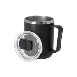A drink mug in matte black with a stainless steel rim and a clear lid, featuring a handle.