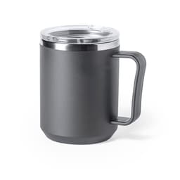 A drink mug in matte grey with a stainless steel lid and handle, featuring a logo. Ideal for travel and insulation.