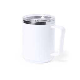 A white insulated travel mug with a stainless steel lid and a sturdy handle, featuring a logo.