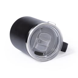 A drink bottle with a black exterior and a clear, lid featuring a handle. It has a logo on the side.