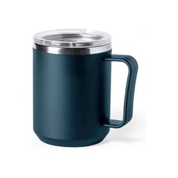 A drink bottle in dark teal with a stainless steel lid and handle. Features a logo on the side.